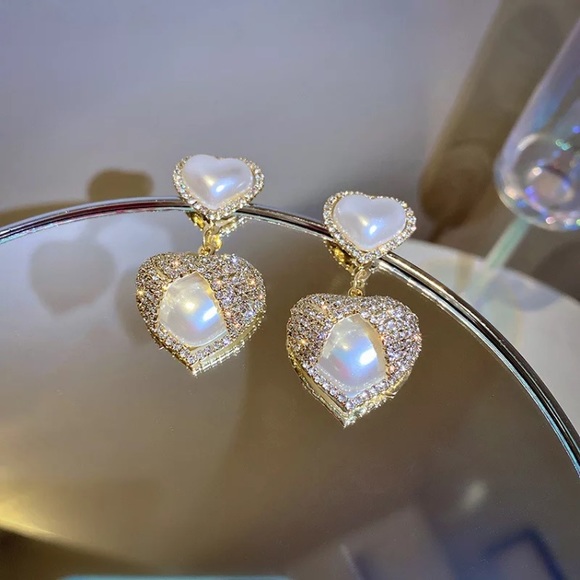 Gold Plated Rhinestone Heart Earrings - Picture 4 of 4